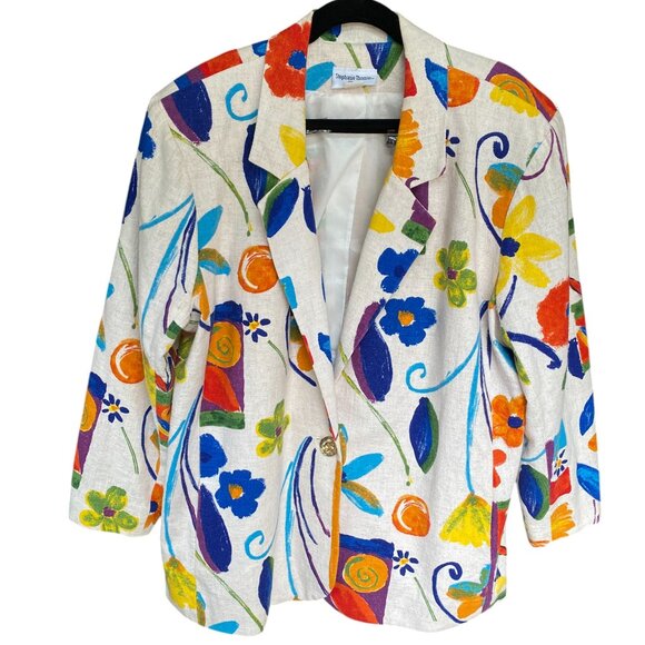 Vintage Stephanie Thomas Rainbow Floral Blazer Cotton Flax Maximalist Resort-22 - Picture 1 of 15